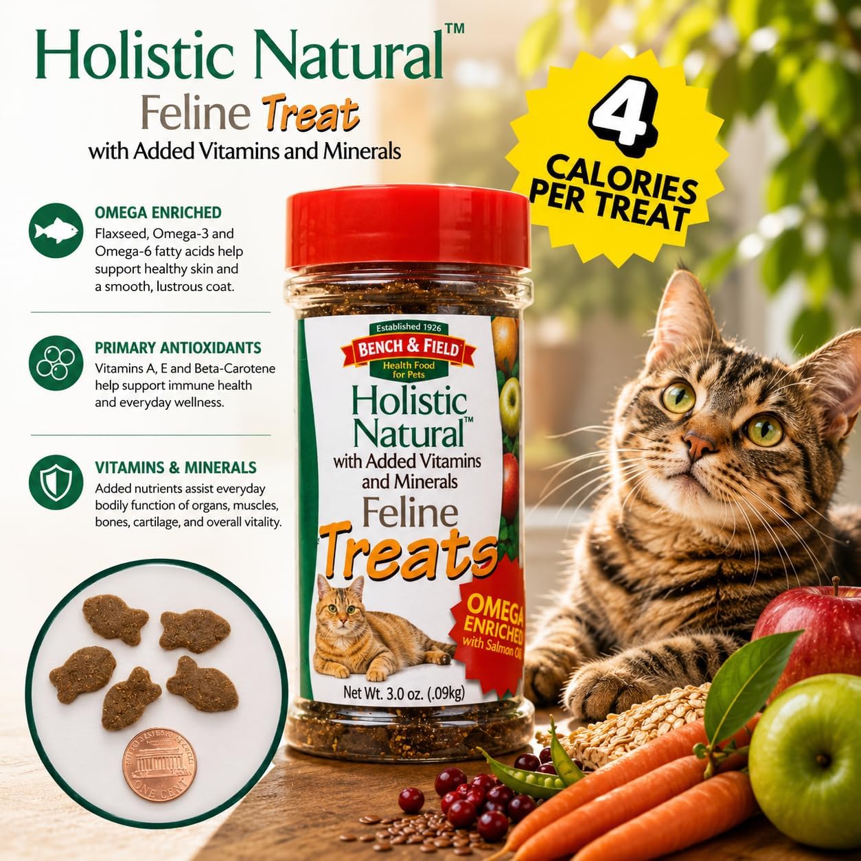 Natural healthy kitty cat treats enriched with omega three and six fatty acids for coat shine.