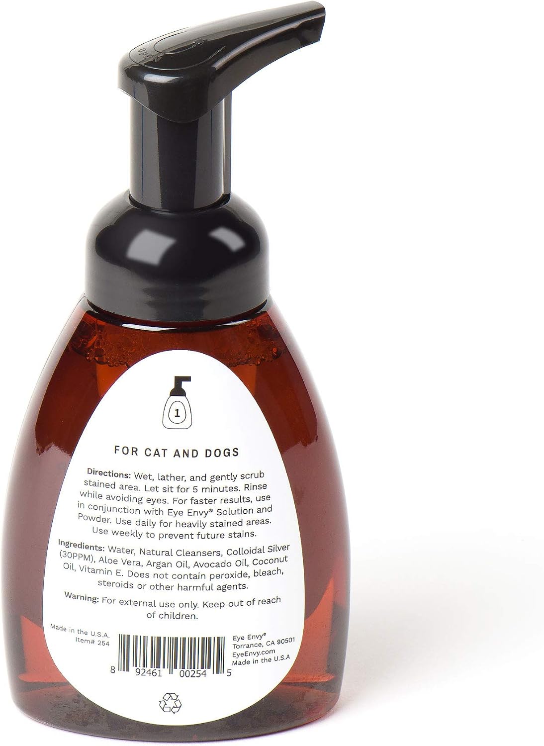 Eye Envy foaming pet face wash bottle showing ingredient list