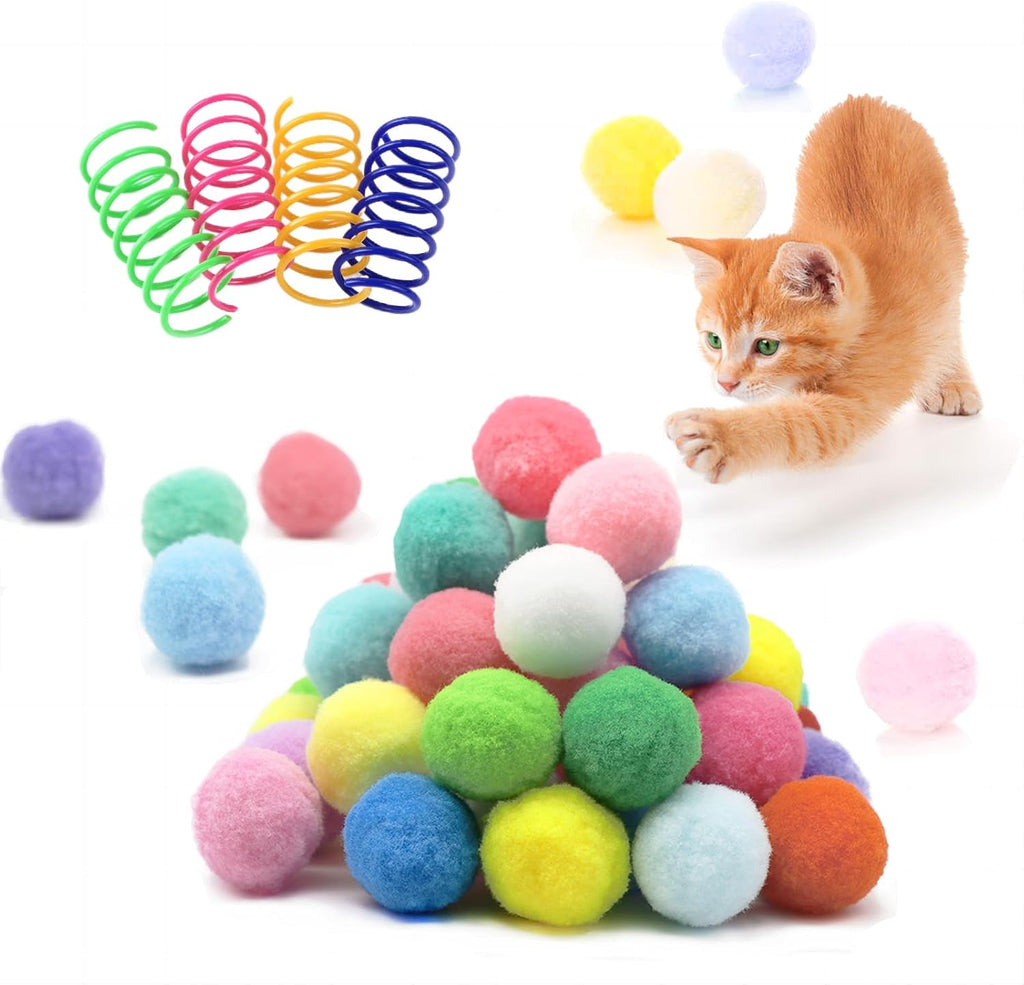 BaiKevin premium silent cat pom pom balls and spring toy set front view