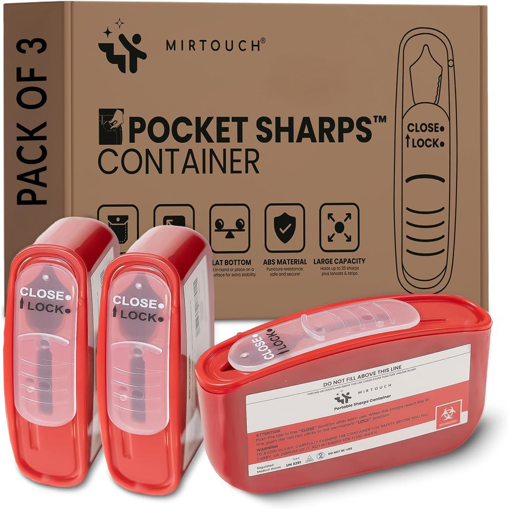 MirTouch Pocket Travel Sharps Disposal Container front view showing red biohazard body