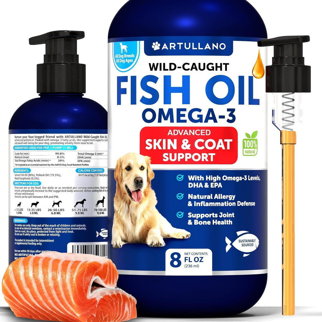 Artullano Omega 3 Fish Oil for dogs front view bottle for pet skin allergy relief.