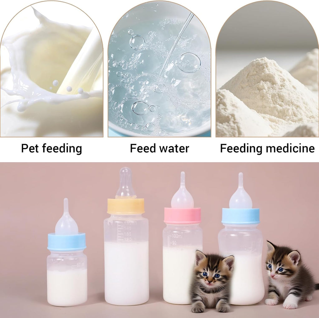Three pack newborn animal feeding bottles with funnel attachments