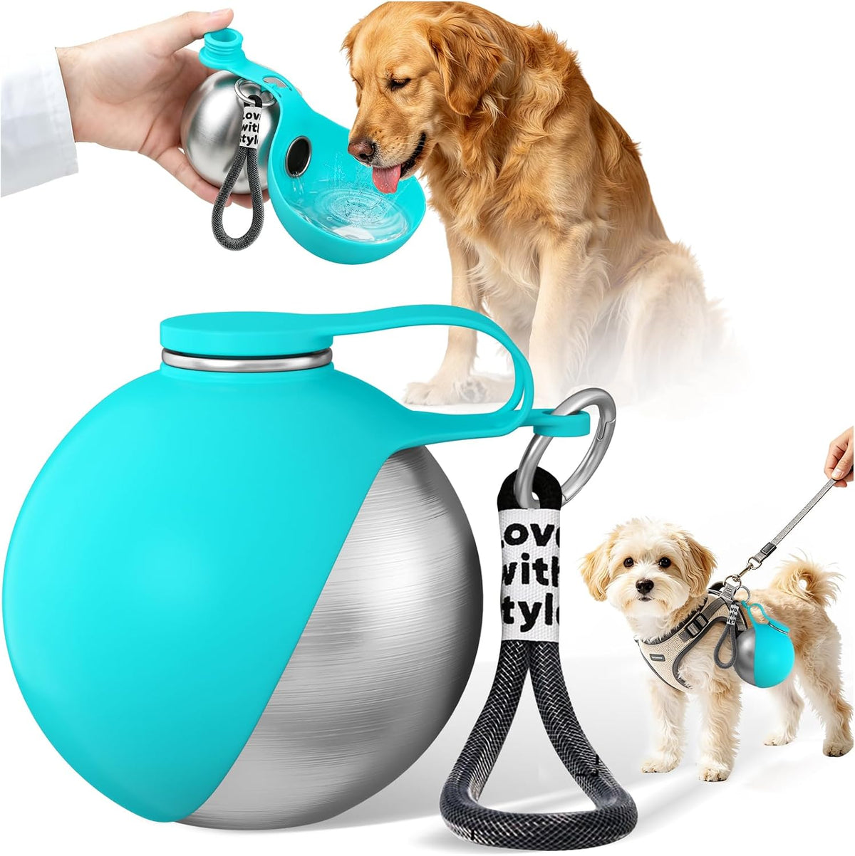 HJKLIUT two in one dog water bottle front view showing the blue silicone bowl flipped out for drinking.