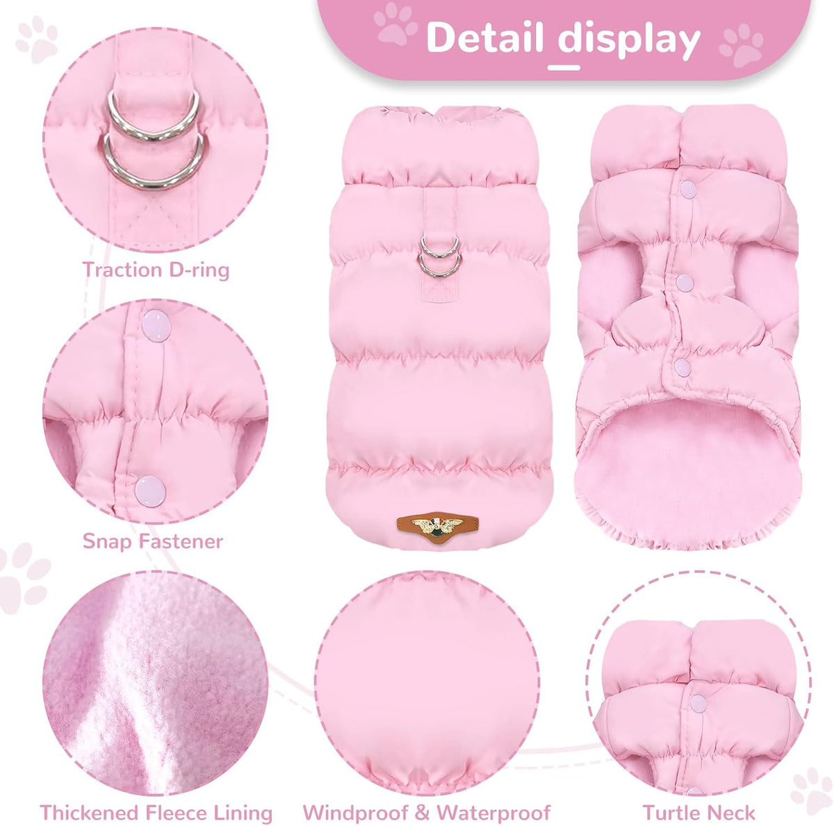 ABRRLO Winter Warm Dog Jacket for Small Medium Dogs Cat Cold Weather Coats with Harness Paded Dogs Fleece Vest Waterproof Windproof Dog Snow Jacket Pet Puppy Clothes (Pink,S) - Image 4