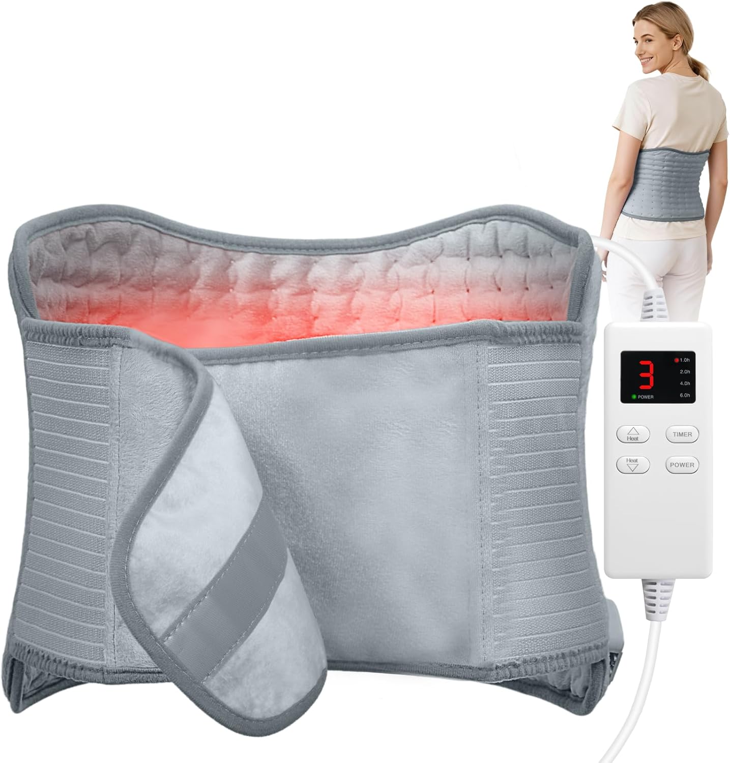 LITLISFlY electric heating pad front view showing gray microplush texture and digital controller.