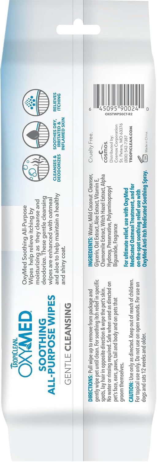 TropiClean Oxymed Soothing Allover Cat & Dog Wipes For Paws And Butt | Anti Itch Relief For Dogs & Cats 50 Count - Image 9