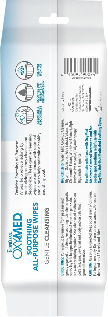 TropiClean Oxymed Soothing Allover Cat & Dog Wipes For Paws And Butt | Anti Itch Relief For Dogs & Cats 50 Count - Image 9