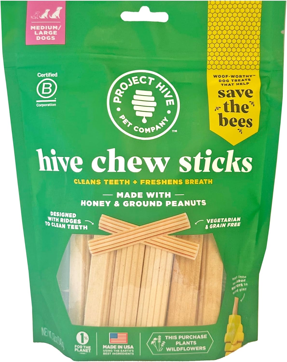 Hive Chew Sticks - Dental Treats for Dogs - Vegetarian, Made with Ground Peanuts & Honey, No Grain or Soy, Cleans Teeth & Freshens Breath (7 oz, Large Dogs - Pumpkin) - Image 13