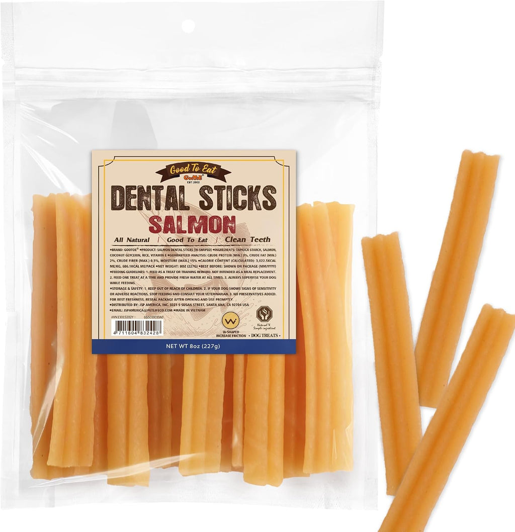 Gootoe Salmon Dental Sticks packaging front view showing the 8 Ounce dog treats.