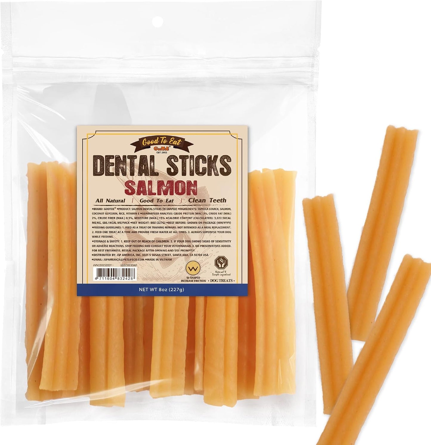 Gootoe Salmon Dental Sticks packaging front view showing the 8 Ounce dog treats.