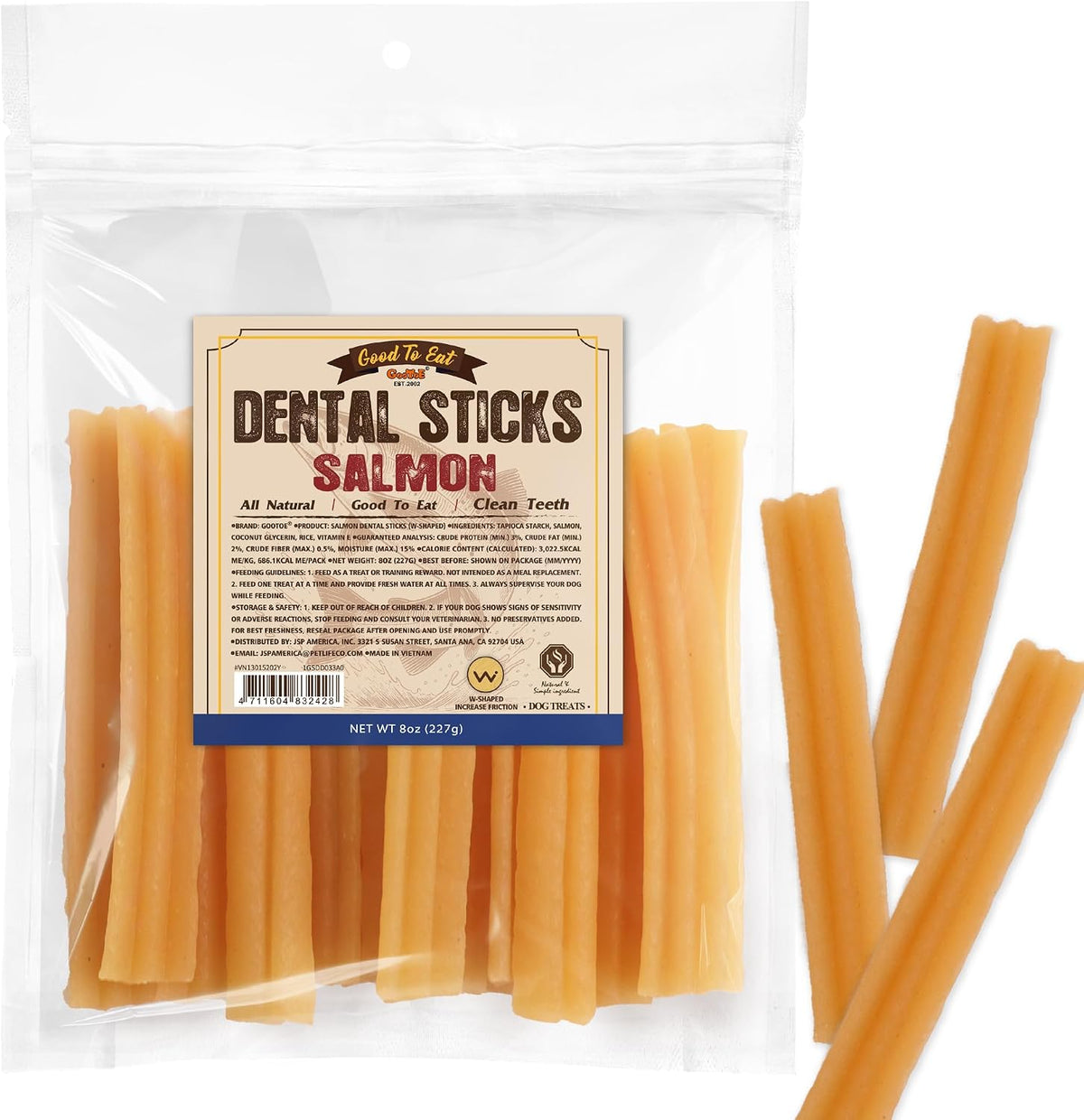 Gootoe Salmon Dental Sticks packaging front view showing the 8 Ounce dog treats.