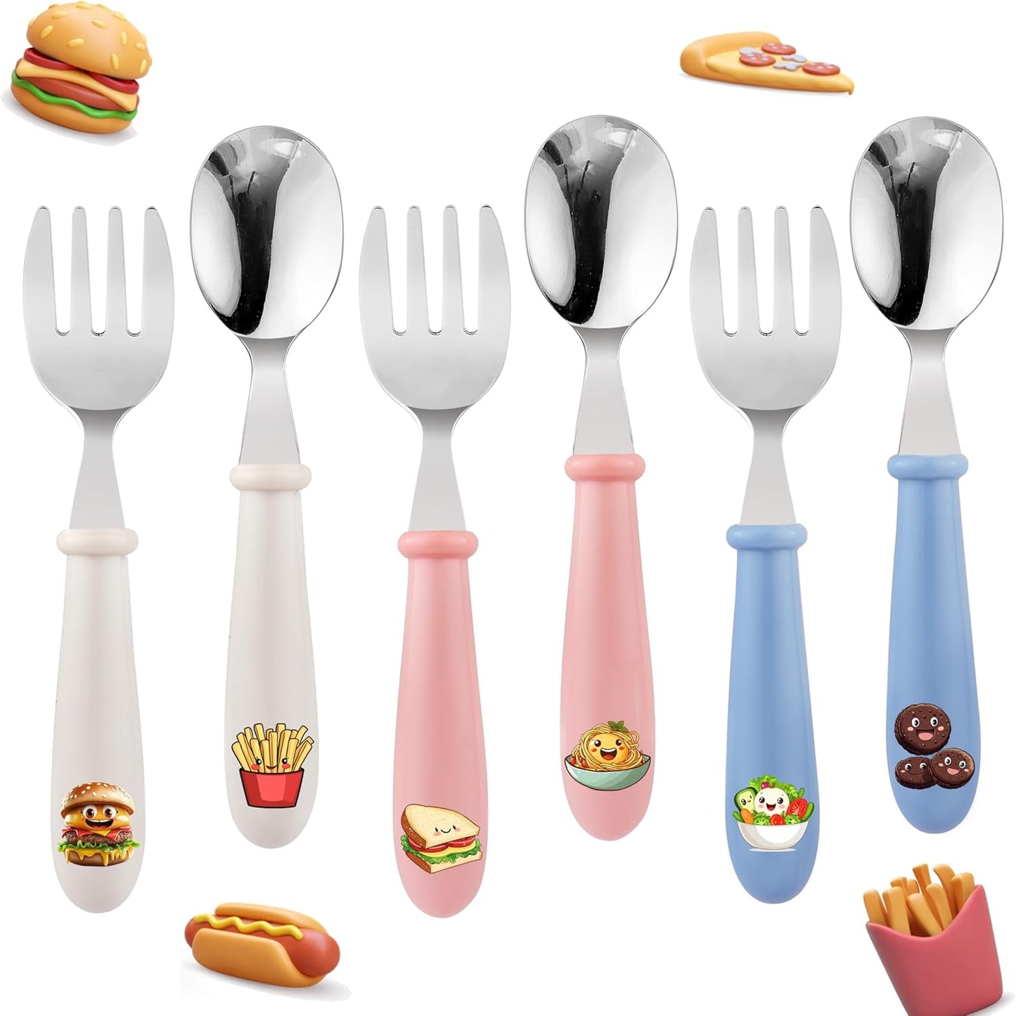 MONGSEW toddler utensils silverware set front view showing three premium stainless steel spoons and three forks
