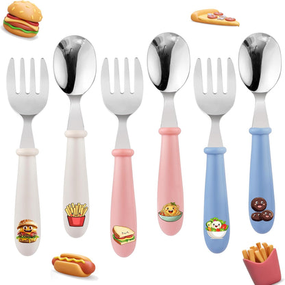 MONGSEW toddler utensils silverware set front view showing three premium stainless steel spoons and three forks