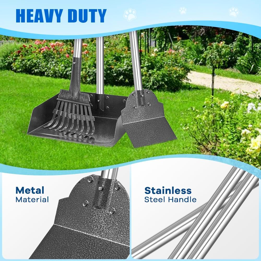 Heavy duty metal rake separating pet waste from lawn grass effortlessly.
