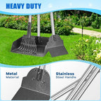 Heavy duty metal rake separating pet waste from lawn grass effortlessly.