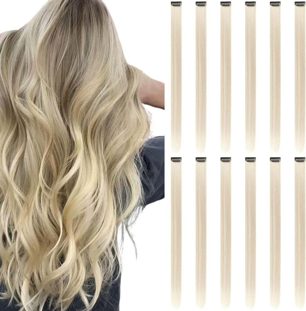 Winsky colored hair extensions clip in front view showing twelve pieces of straight blonde streaks