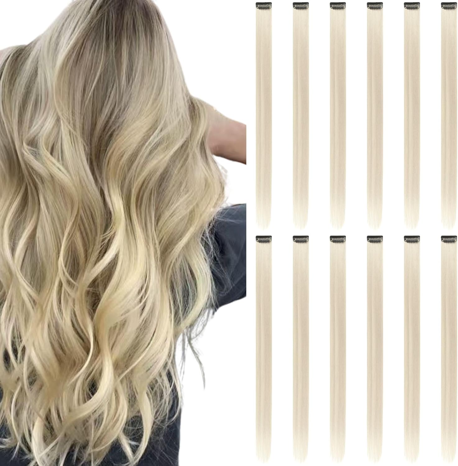 Winsky colored hair extensions clip in front view showing twelve pieces of straight blonde streaks