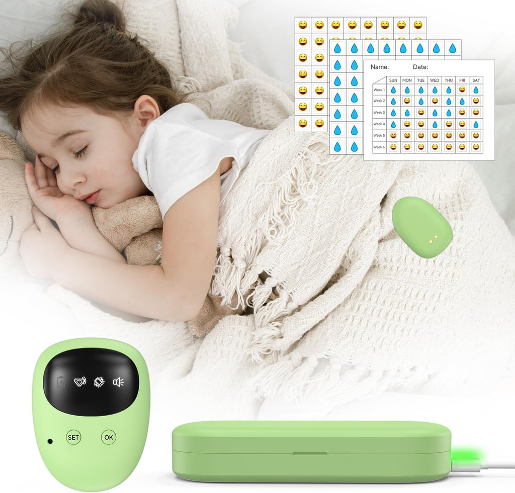 Yorenson wireless bedwetting alarm front view showing the green rechargeable sensor and receiver device for nighttime potty training.