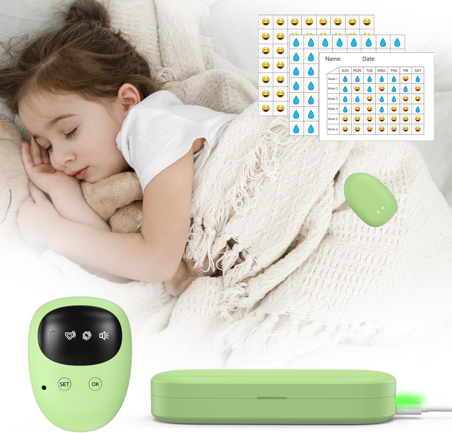 Yorenson wireless bedwetting alarm front view showing the green rechargeable sensor and receiver device for nighttime potty training.