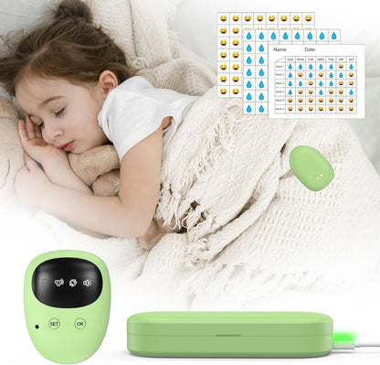 Yorenson wireless bedwetting alarm front view showing the green rechargeable sensor and receiver device for nighttime potty training.