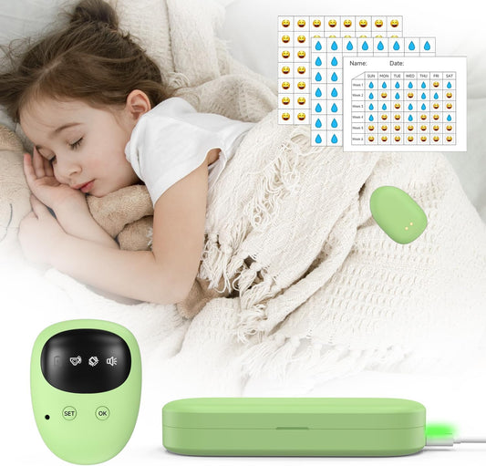 Yorenson wireless bedwetting alarm front view showing the green rechargeable sensor and receiver device for nighttime potty training.
