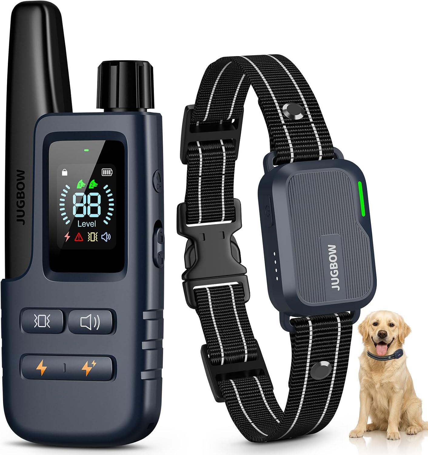 Jugbow dog shock collar front view with remote transmitter