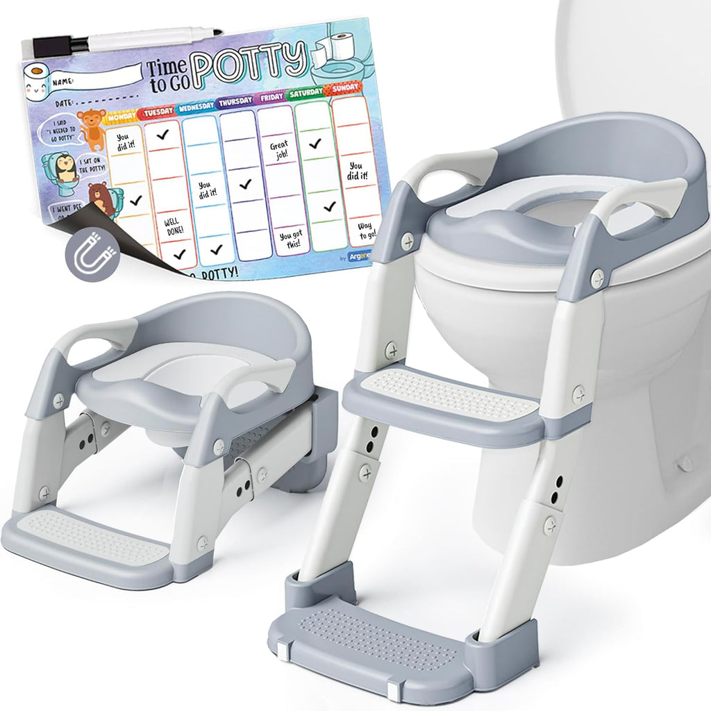 Argenens 3-in-1 potty training seat in gray front view showcasing the adjustable step stool ladder and sturdy handrails.