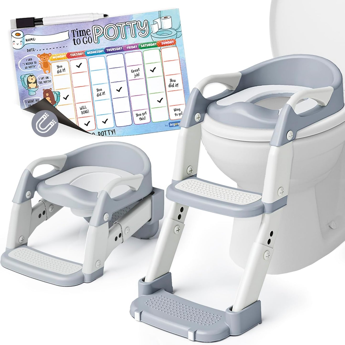 Argenens 3-in-1 potty training seat in gray front view showcasing the adjustable step stool ladder and sturdy handrails.