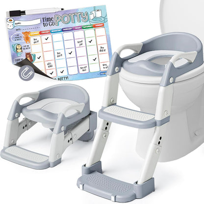 Argenens 3-in-1 potty training seat in gray front view showcasing the adjustable step stool ladder and sturdy handrails.