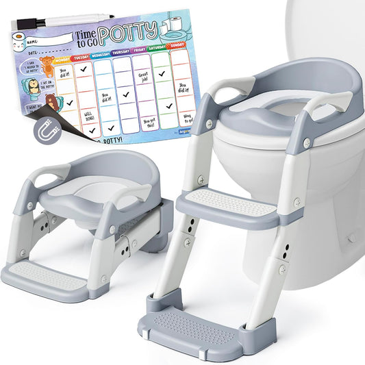 Argenens 3-in-1 potty training seat in gray front view showcasing the adjustable step stool ladder and sturdy handrails.