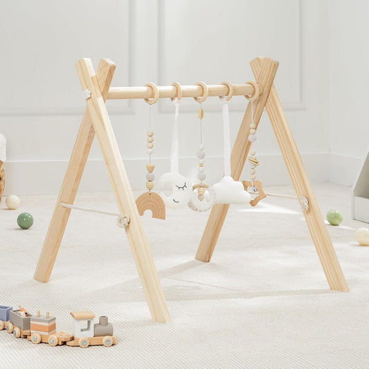 Comfy Cubs wooden baby play gym front view with hanging toys