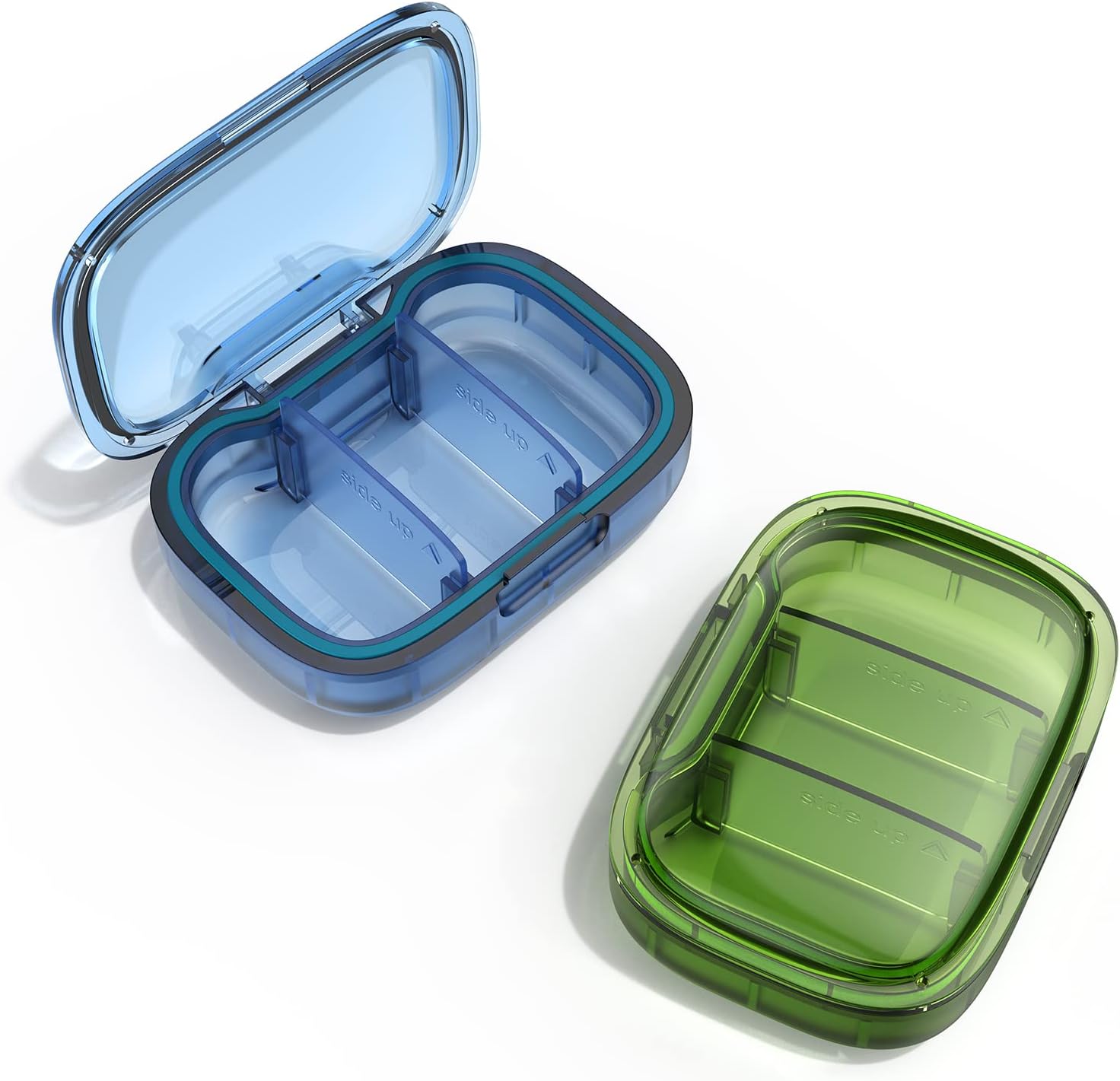 TecQach 3 compartment small pill box front view showing blue and green travel organizers.