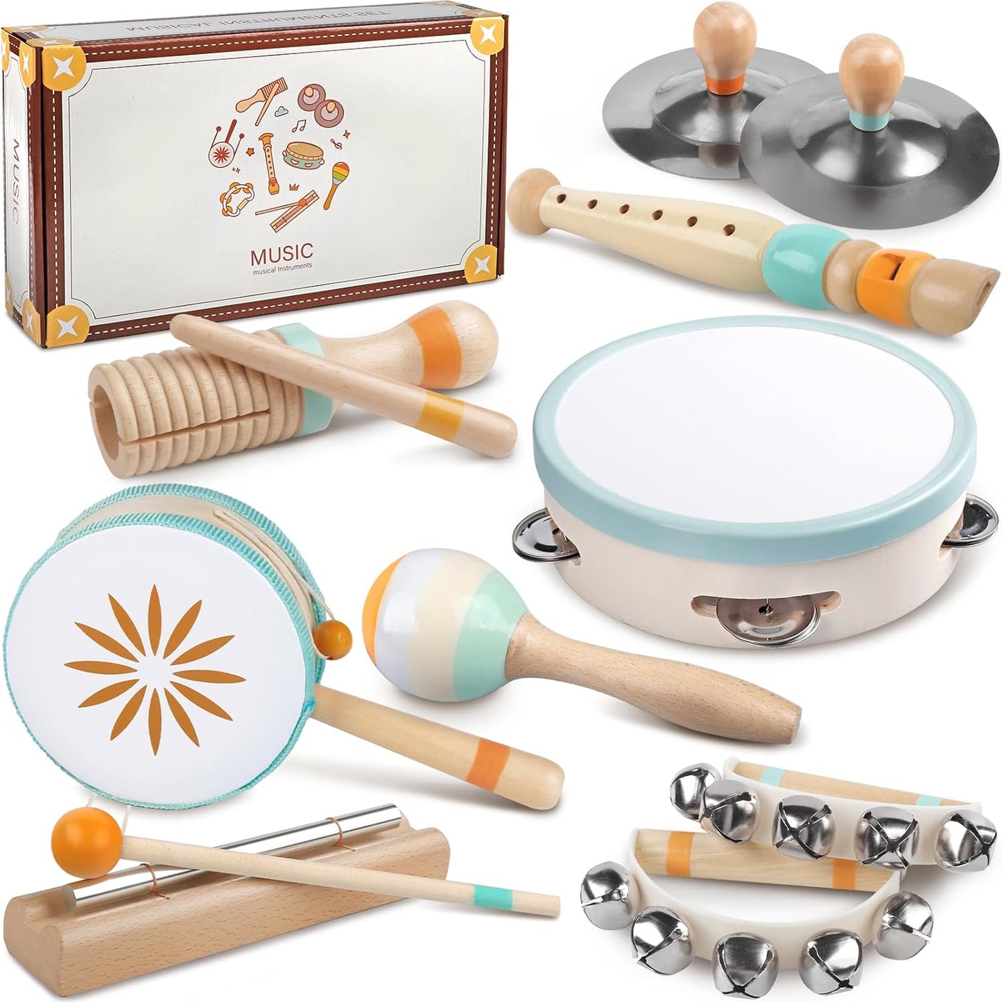 Rmischolar baby musical instruments montessori wooden percussion set front view inside storage box