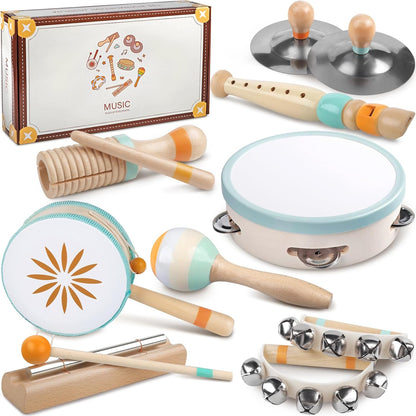 Rmischolar baby musical instruments montessori wooden percussion set front view inside storage box