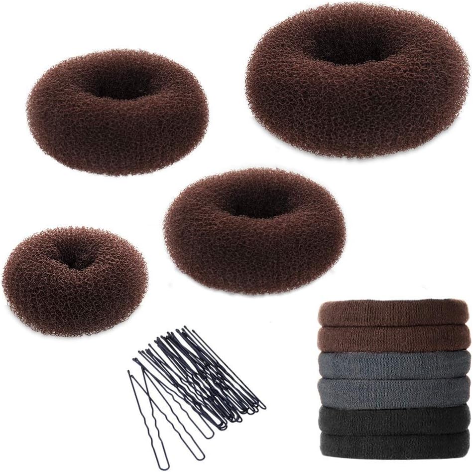 YaFex Hair Bun Maker Kit front view showing four brown donut shapers with elastic ties and bobby pins
