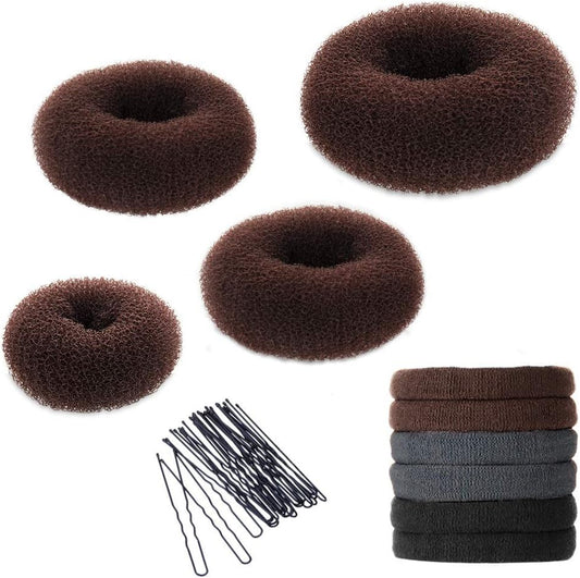 YaFex Hair Bun Maker Kit front view showing four brown donut shapers with elastic ties and bobby pins