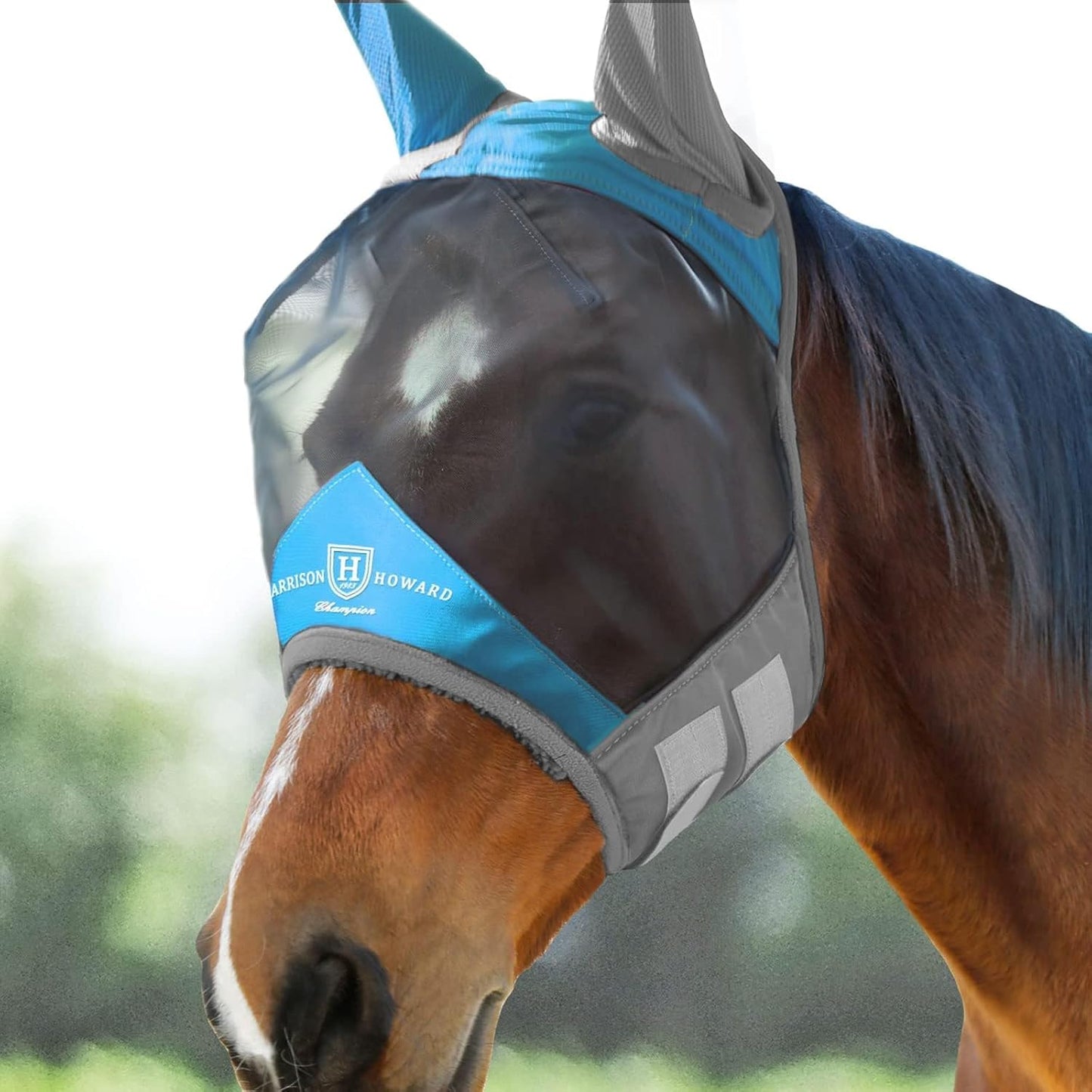 Harrison Howard Pro Luminous Horse Fly Mask Large Eye Space Half Face with Ears UV Protection for Horse Coral Orange/Navy M - Image 9