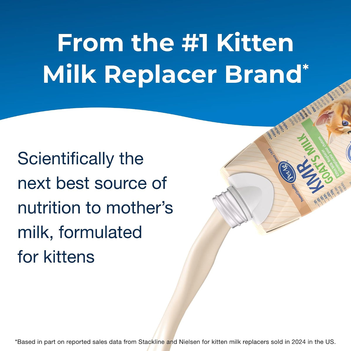 PetAg KMR liquid kitten formula showing ingredients and nutritional analysis on the side panel.