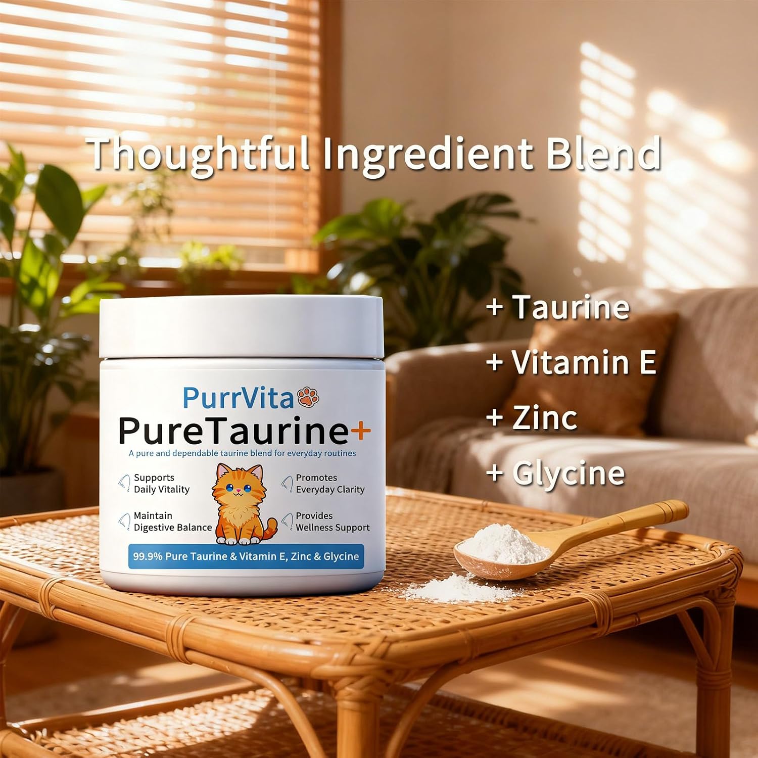 Anefose PurrVita cat amino acid supplement container with measuring scoop