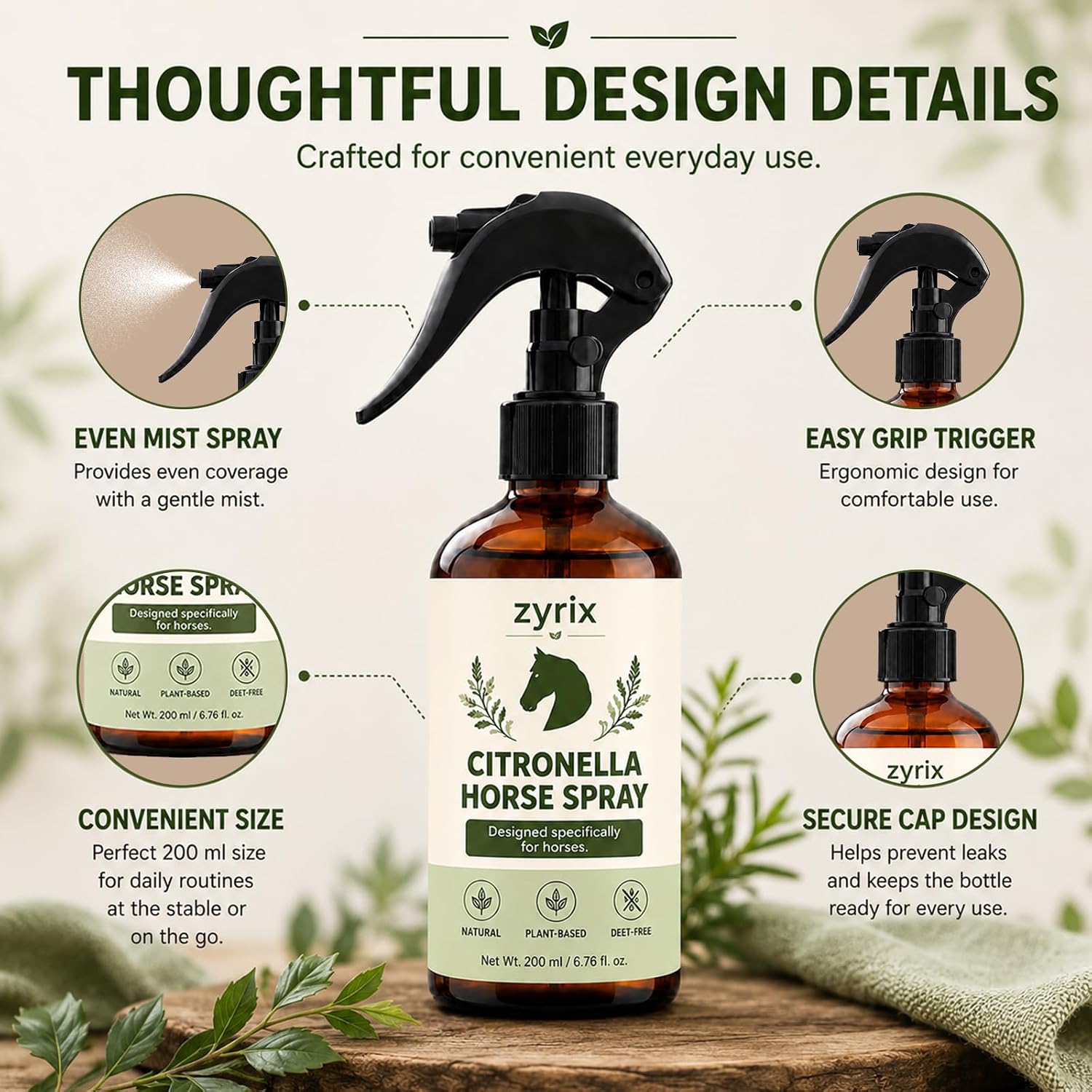 Back label of Zyrix horse spray showing directions and ingredients.