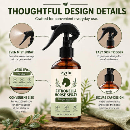Back label of Zyrix horse spray showing directions and ingredients.
