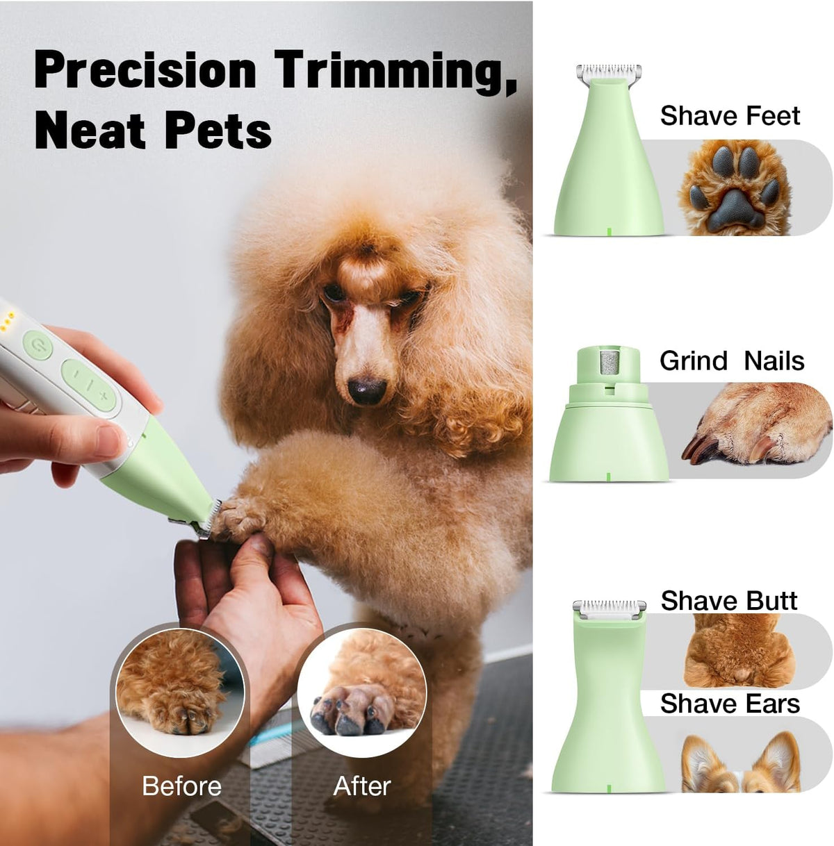 Professional pet paw trimmer and quiet nail grinder head attachments for comprehensive at home claw maintenance.