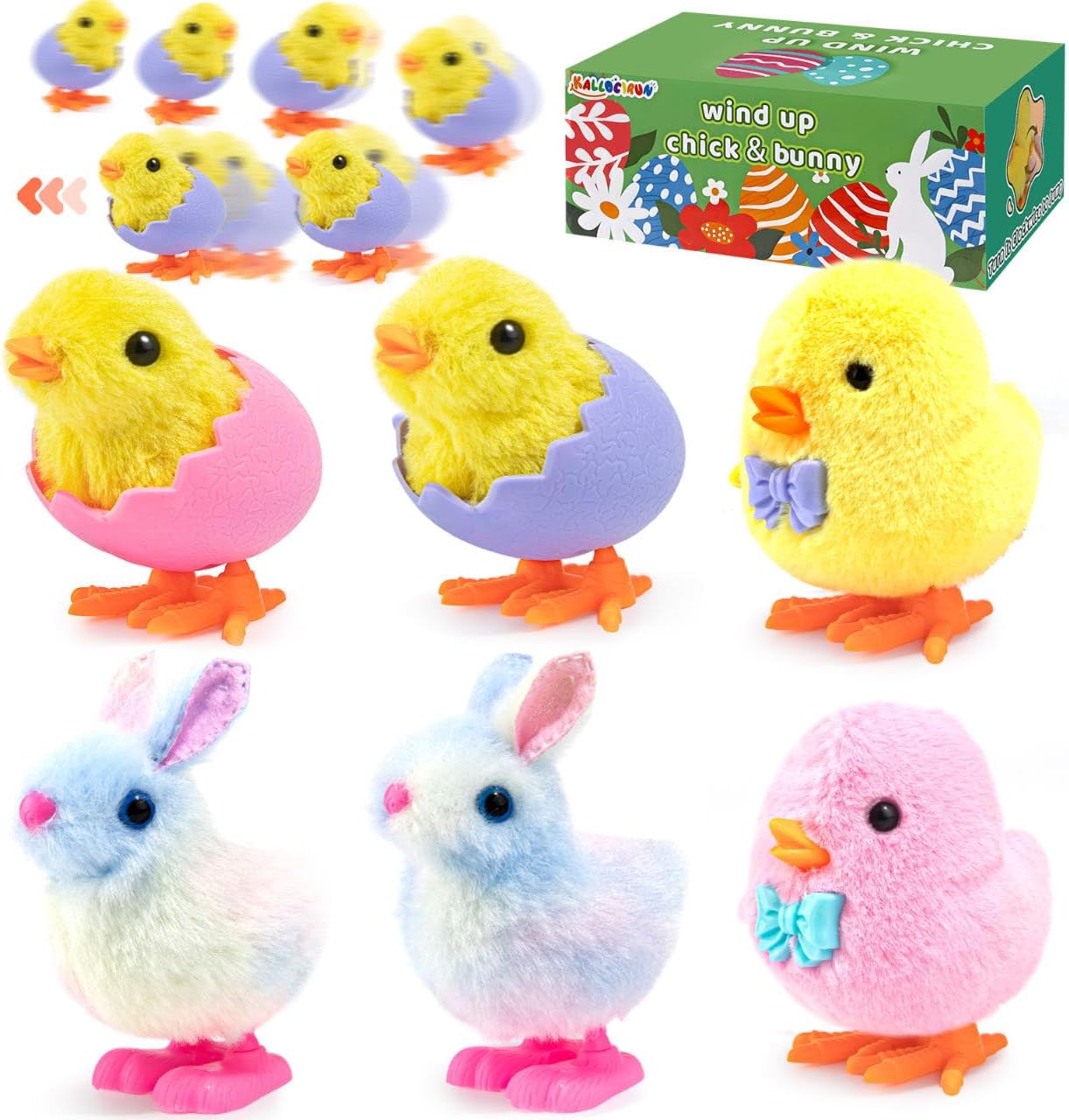 Kallocirun Easter Wind Up Plush Jumping Toys front view showing fluffy yellow chicks and pink bunnies