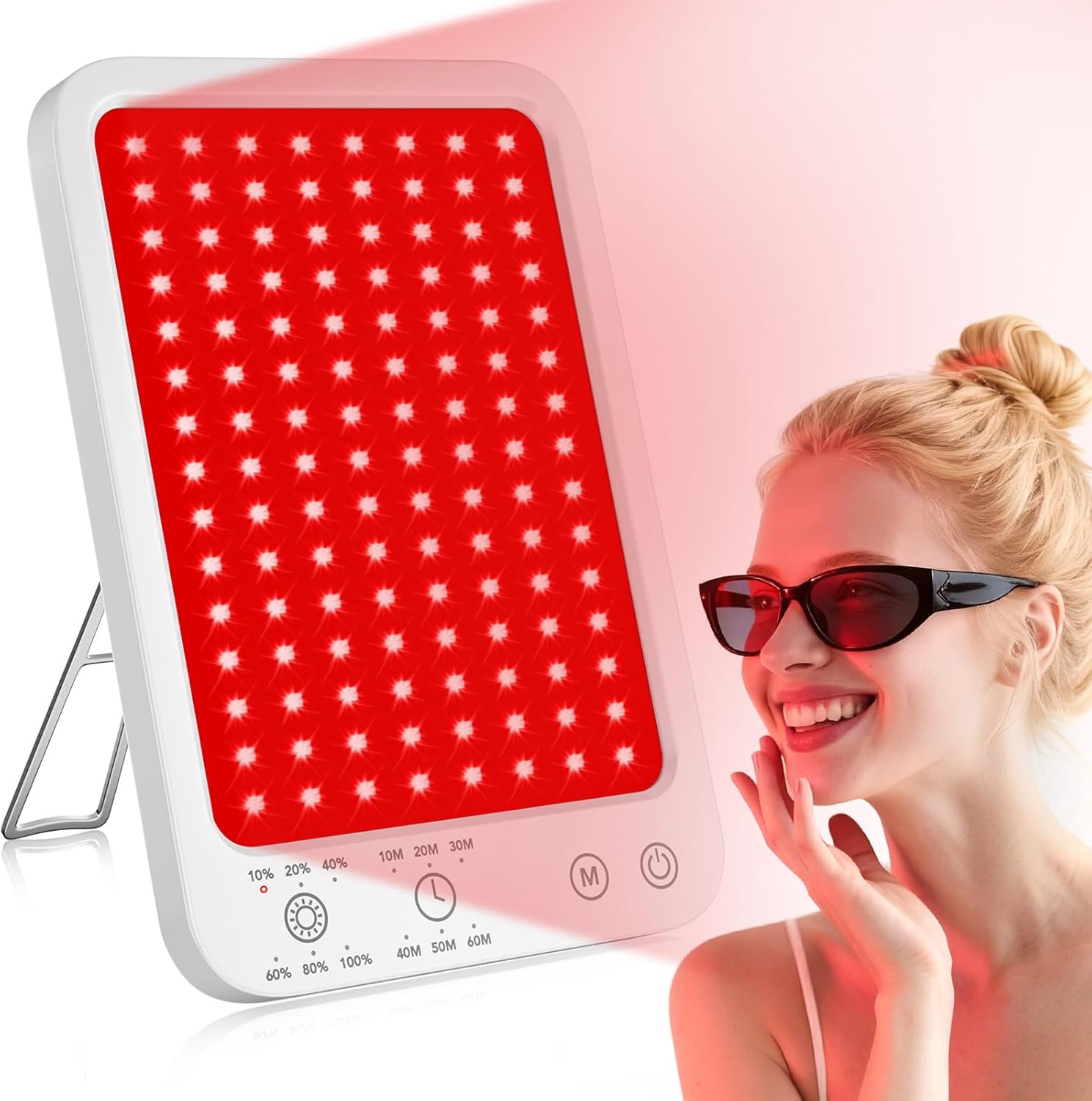 Astarexin Red Light Therapy Face and Body Panel front view showing illuminated dual chip LEDs.