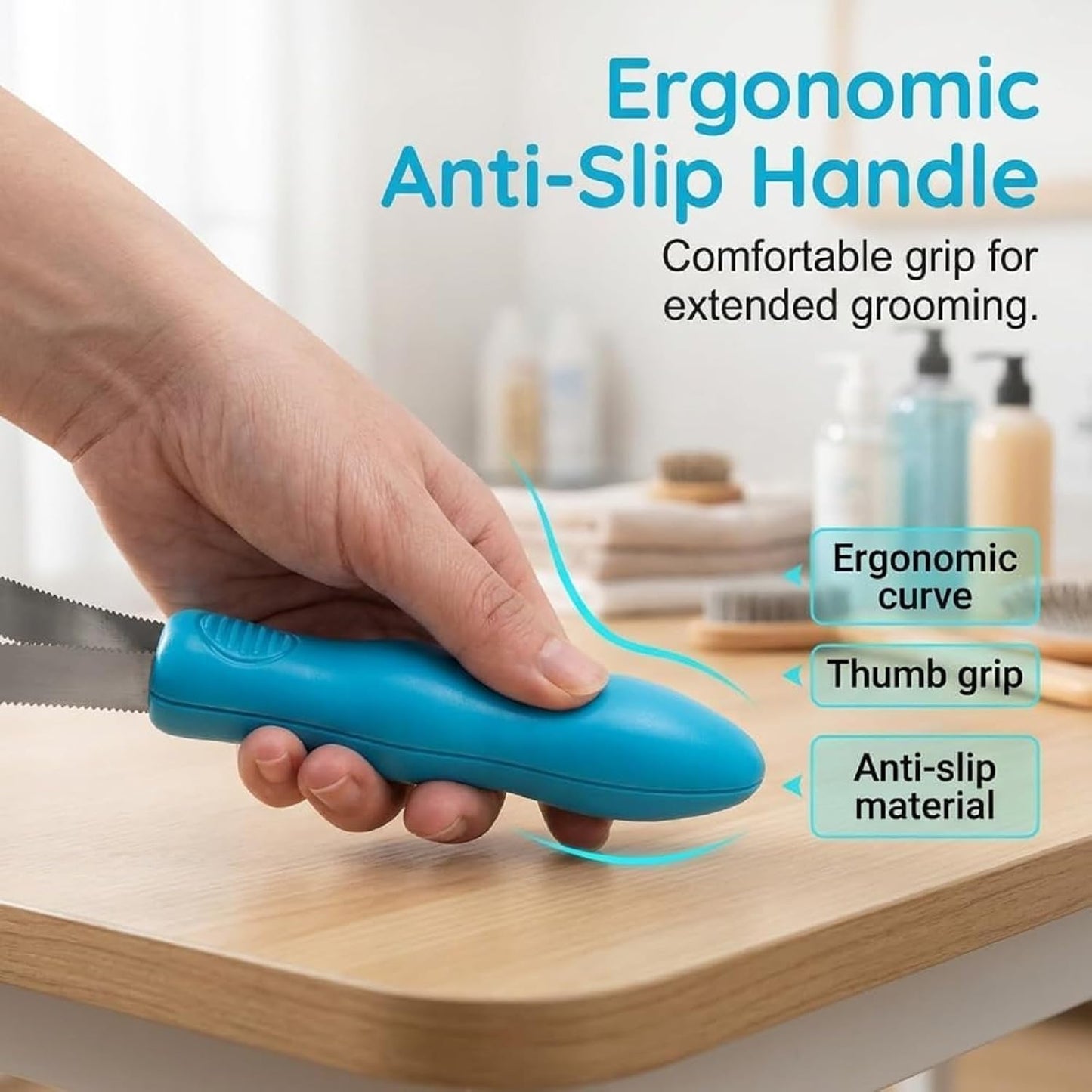 Ergonomic non-slip handle detail of pet grooming tool