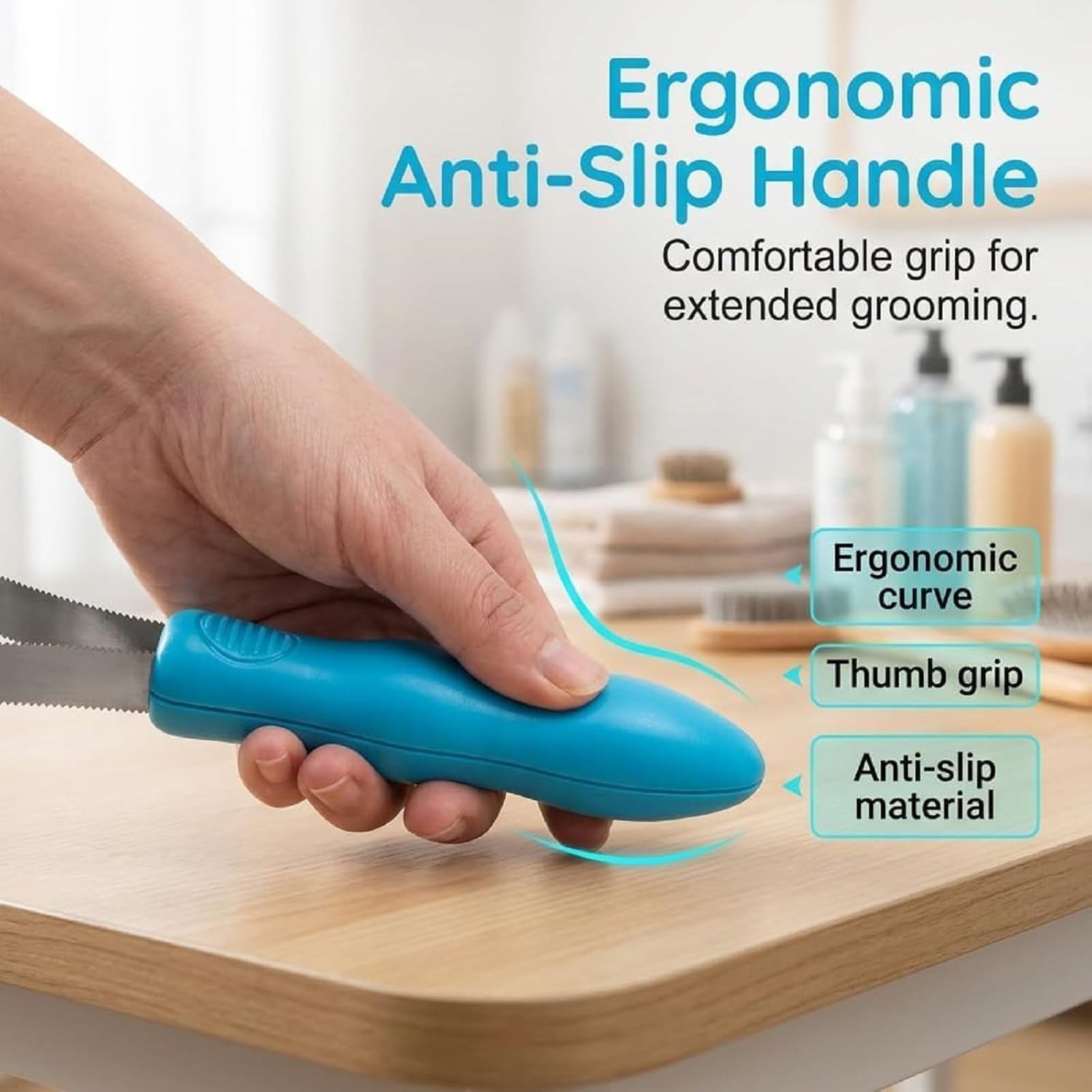 Ergonomic non-slip handle detail of pet grooming tool