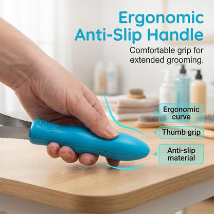 Ergonomic non-slip handle detail of pet grooming tool