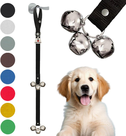 Caldwell's Pet Supply Co. dog potty bells hanging on a door handle.
