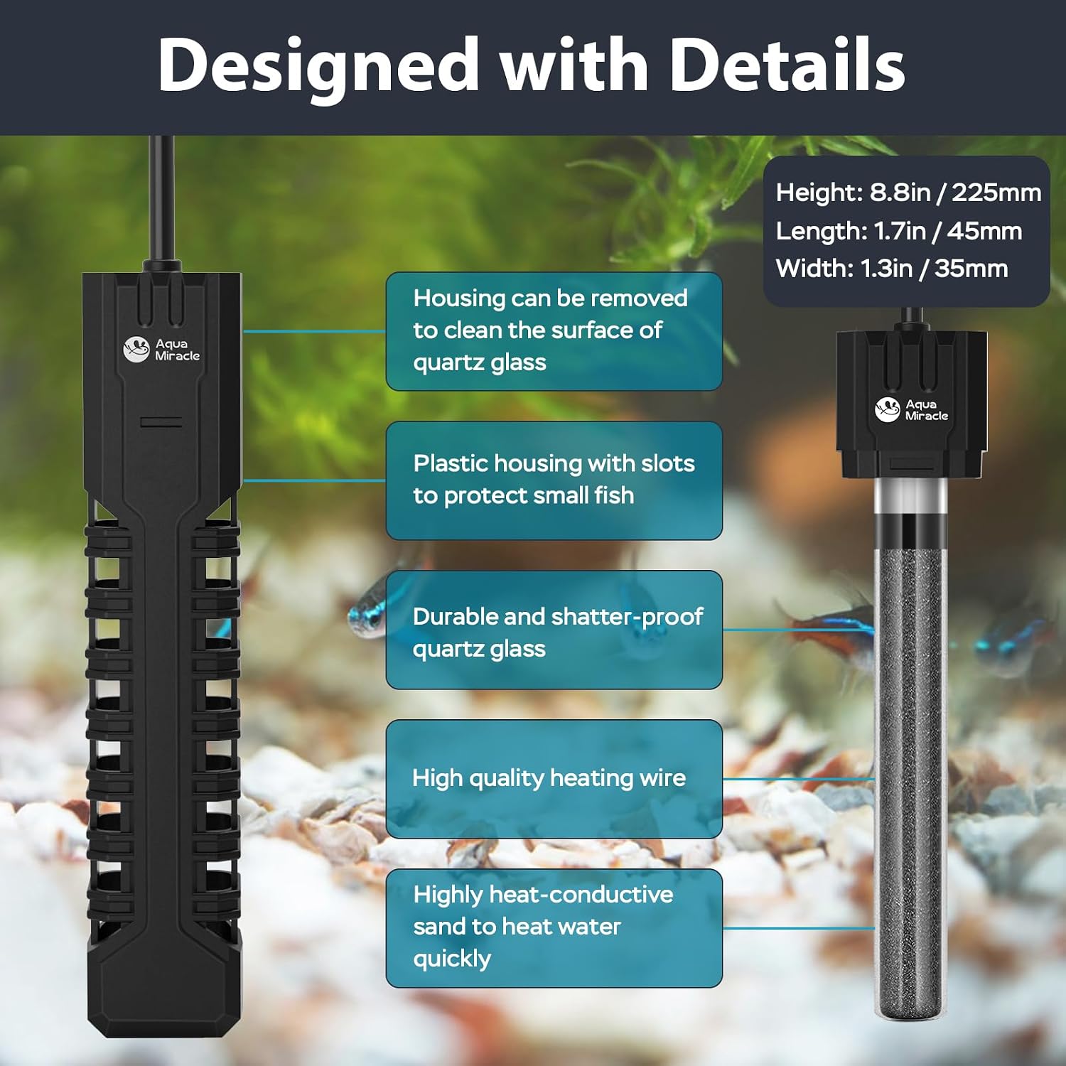 AquaMiracle heater submerged in fish tank showing temperature display