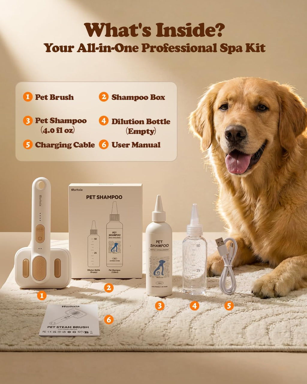 Rorhxia Steam Dog Brush for Shedding [Skin Friendly, Self Cleaning, 1*Shampoo, IPX7 Waterproof] Pet Pro Grooming Tool for Dog & Cat, Short/Long Hair, Poodle, Doodle, Bulldog, Golden, Labrador - Image 9
